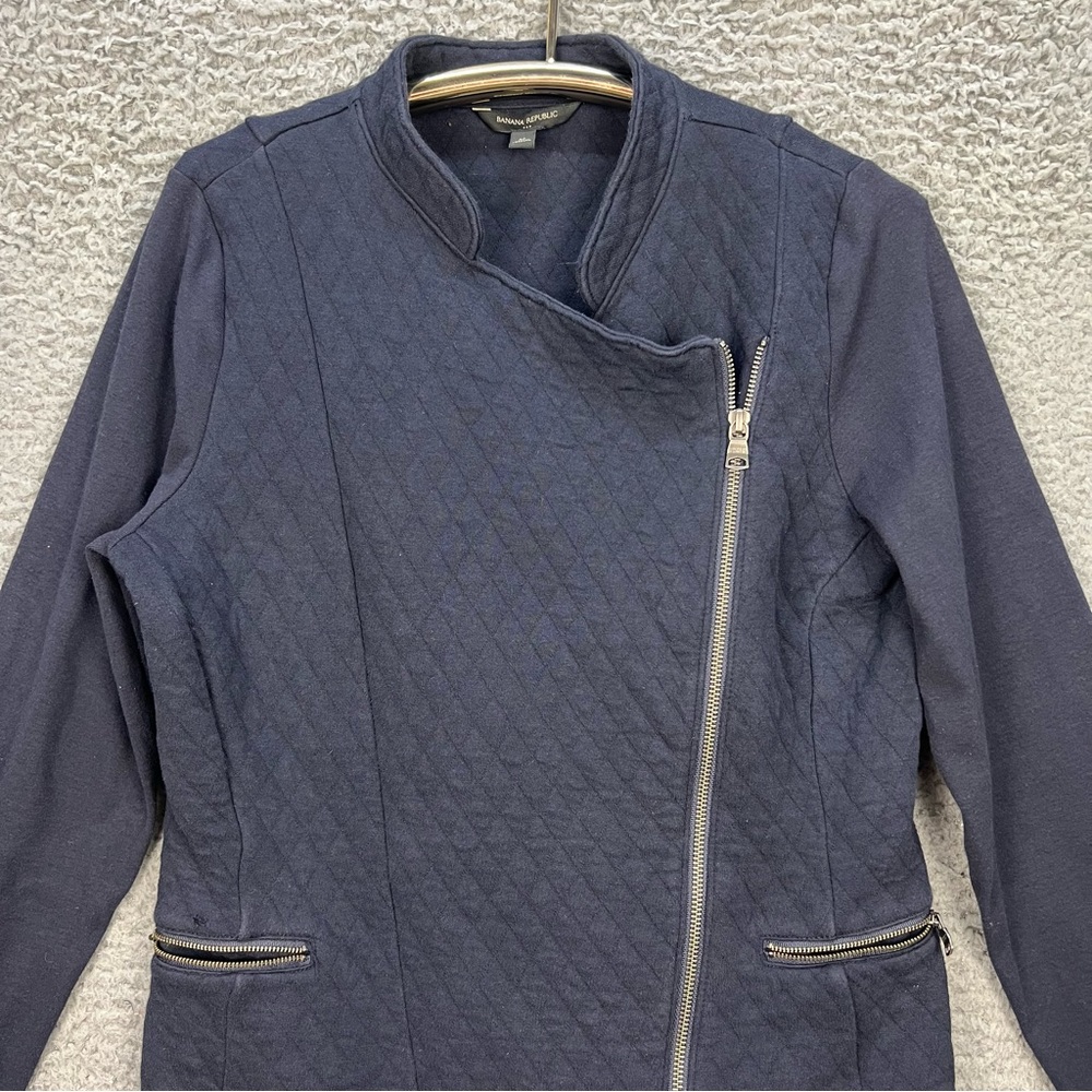 Banana Republic Womens Medium Moto Zip Jacket Asymmetrical Zip Navy Blue Cotton